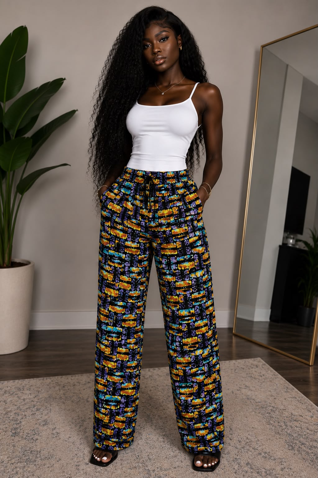 Navy Abstract Mosaic Print Wide-Leg Trousers