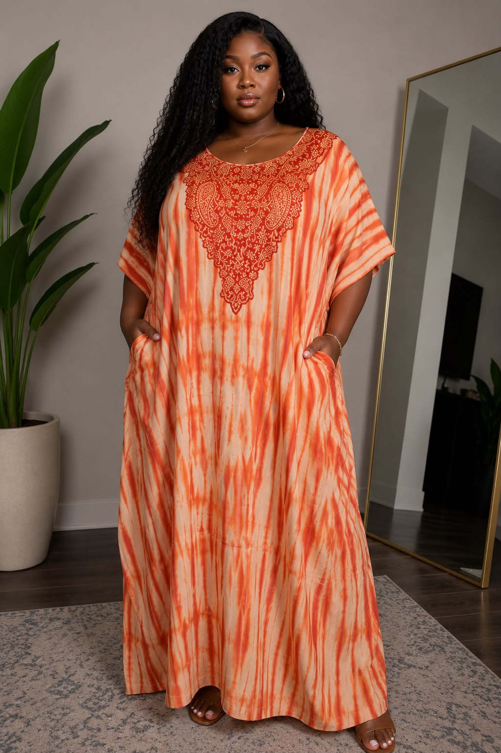 Orange Tie-Dye Paisley Embroidered Kaftan Maxi Dress