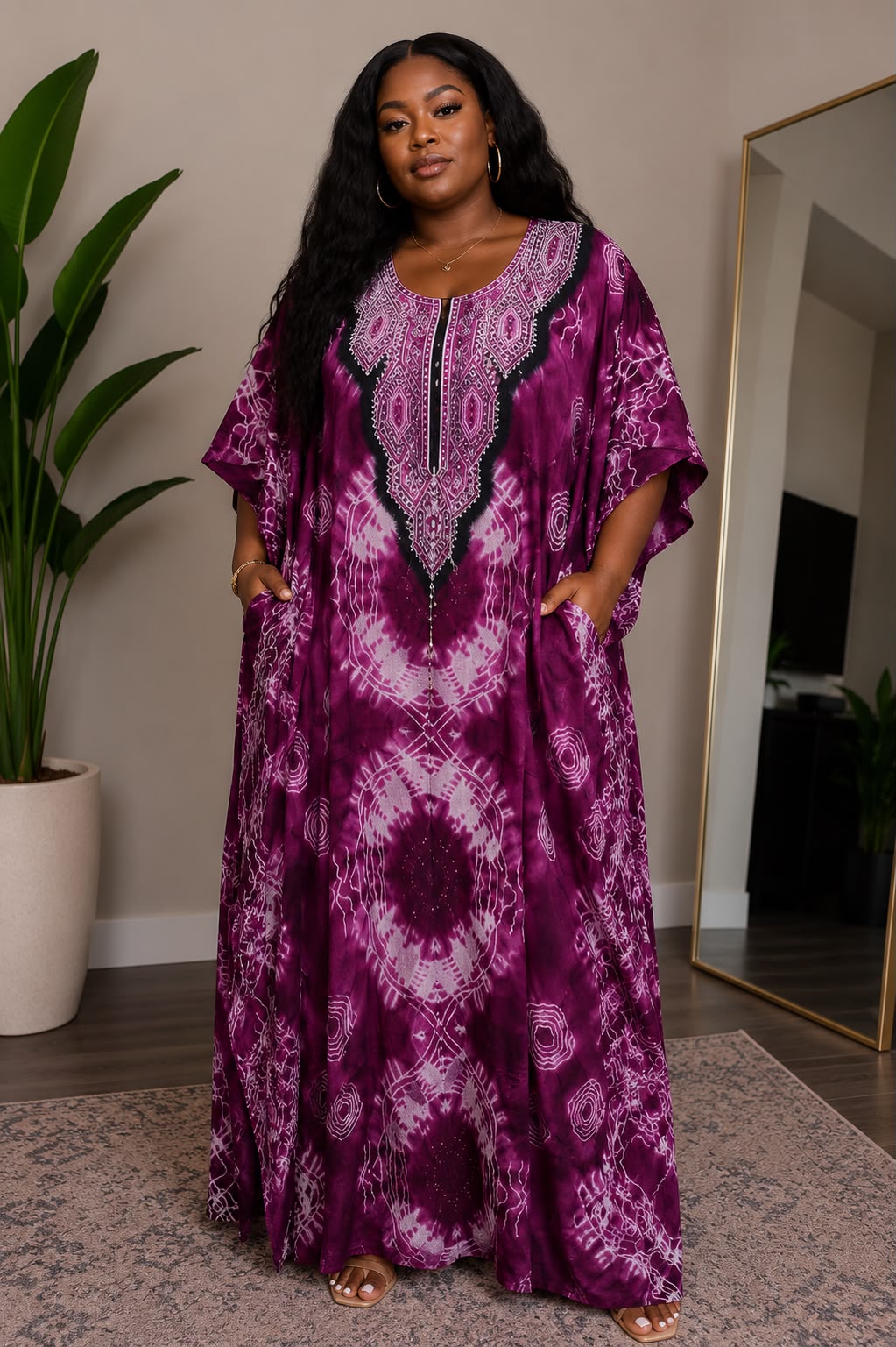 Purple Tie-Dye Embroidered Kaftan Maxi Dress