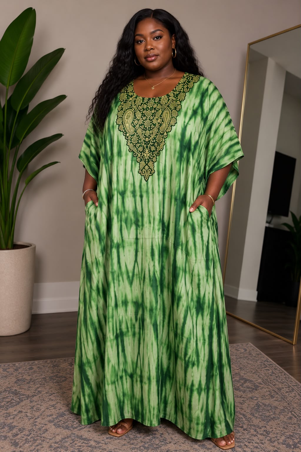 Green Tie-Dye Embroidered Kaftan Maxi Dress