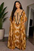 Gold Tie-Dye Embroidered Kaftan Maxi Dress