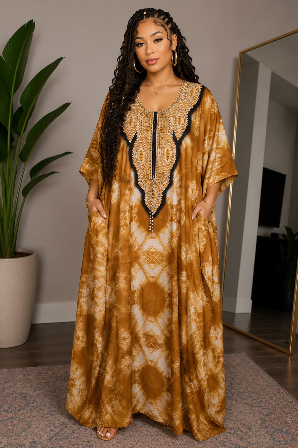 Gold Tie-Dye Embroidered Kaftan Maxi Dress