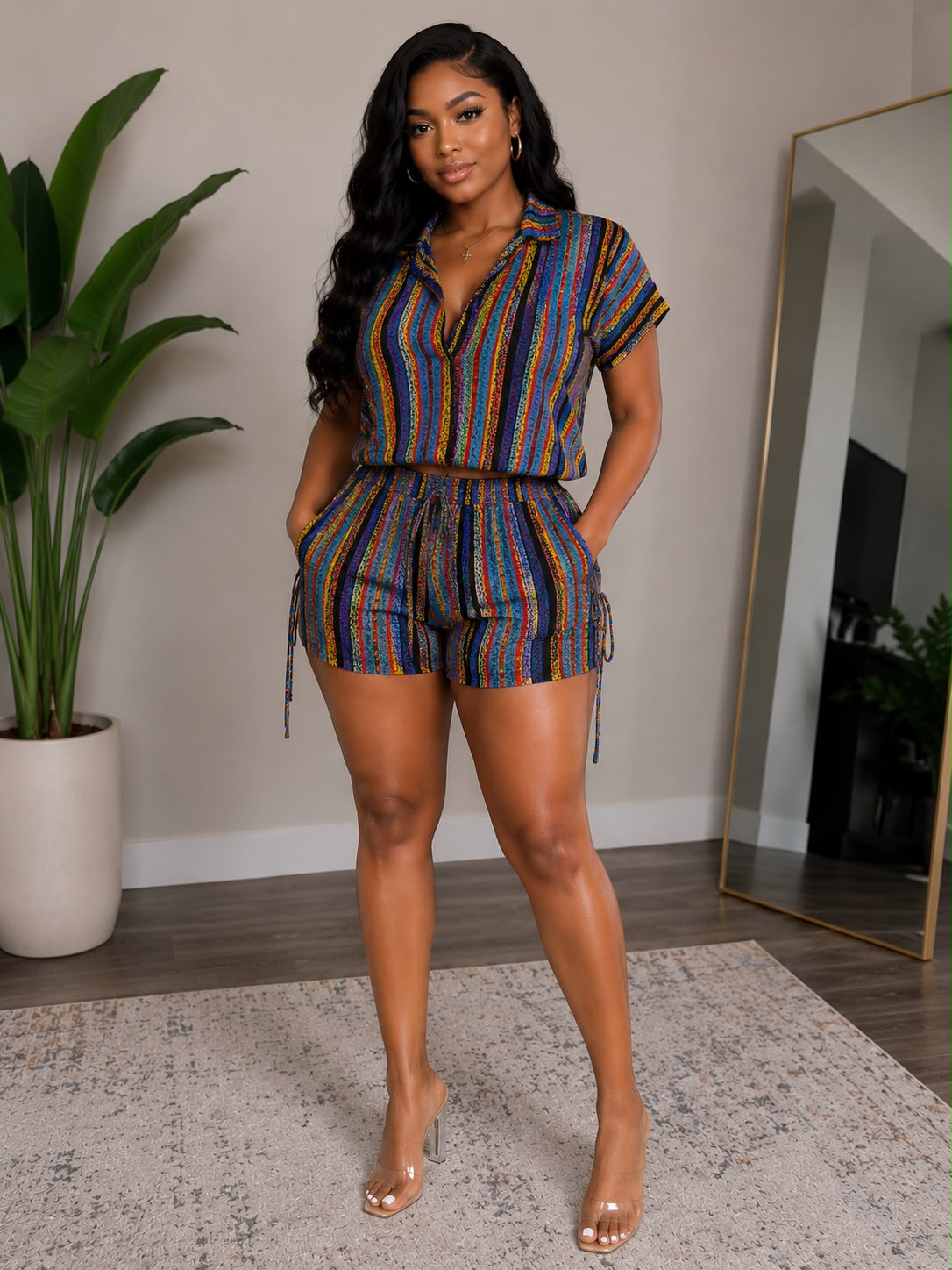 Multicolour African Stripe Shirt & Shorts Two-Piece Set