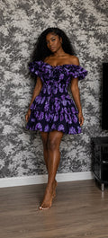 Purple Floral Off-Shoulder Ruffle Mini Dress