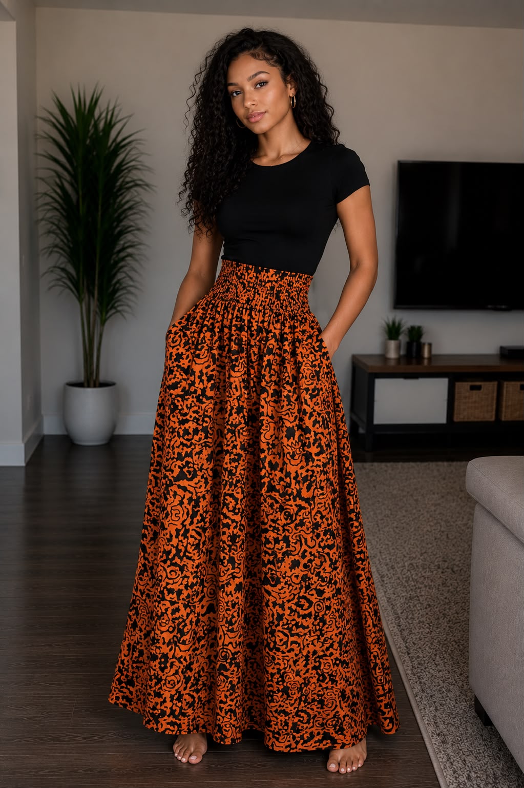 Orange & Black Baroque Print Maxi Skirt