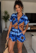 Blue Tie-Dye Geometric Print Shirt & Shorts Two-Piece Set