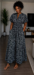 Black & White African Script Print Smocked Maxi Dress
