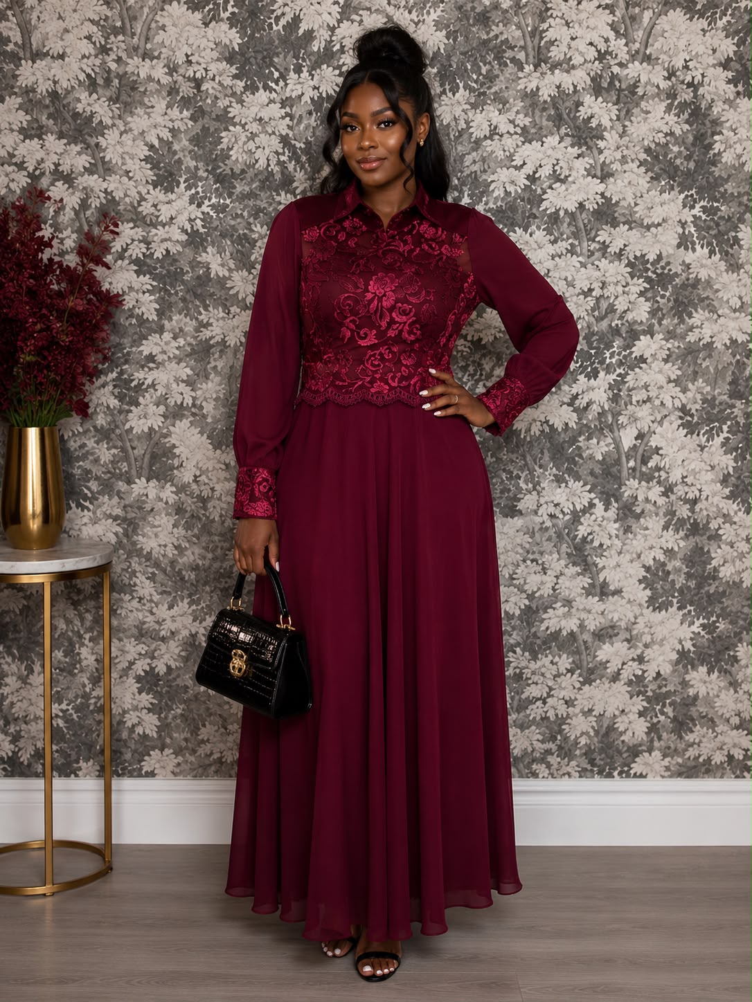 Burgundy Lace Embroidered Maxi Dress