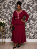 Burgundy Lace Trim Peplum Two-Piece Set