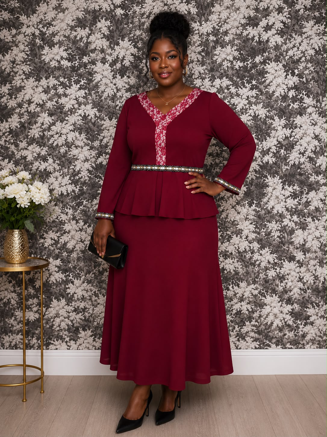 Burgundy Lace Trim Peplum Two-Piece Set