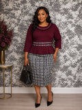 Burgundy Pearl Neck Peplum Houndstooth Dress