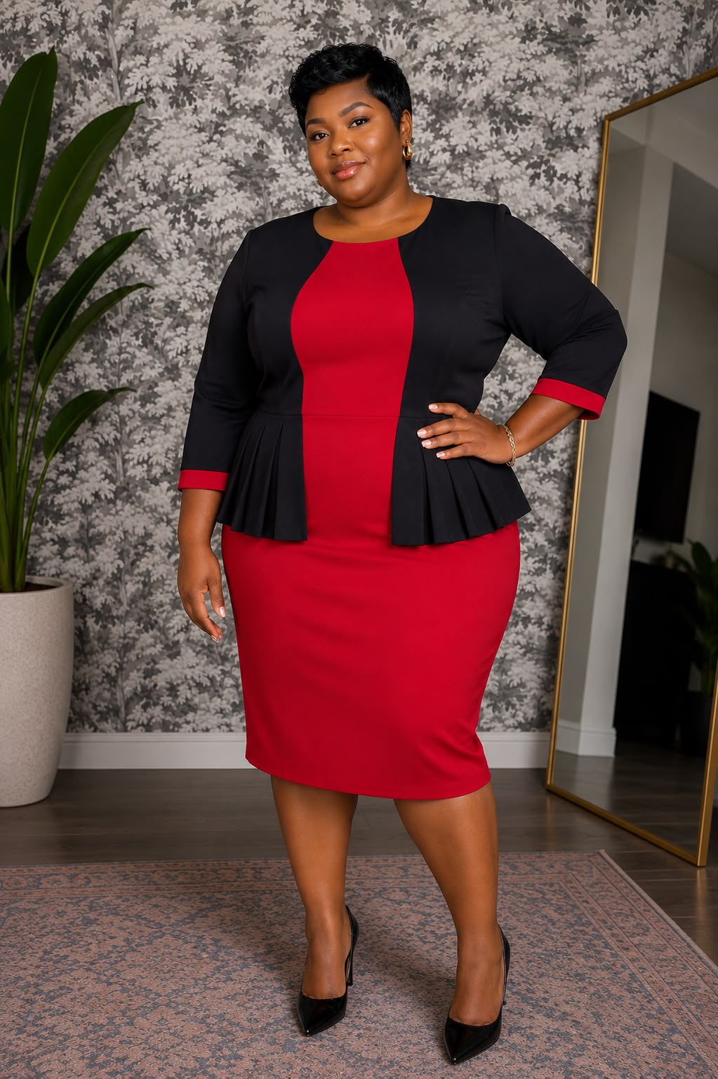 Red & Black Peplum Two-Piece Dress Set