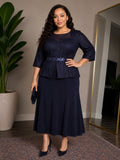 Navy Blue Lace Peplum Two-Piece Set
