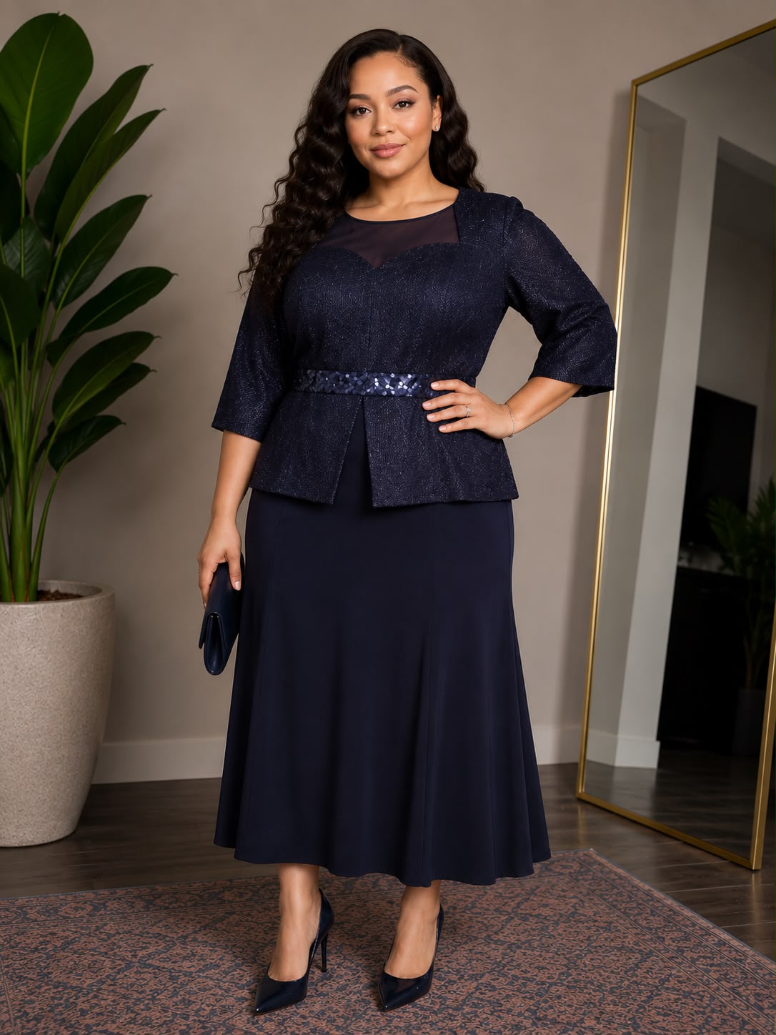 Navy Blue Lace Peplum Two-Piece Set
