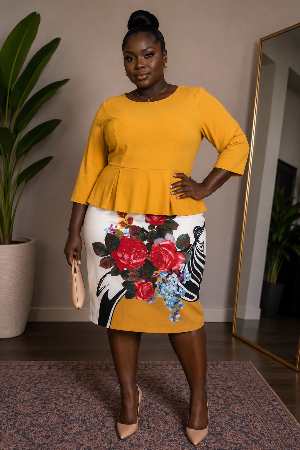 Mustard Peplum & Floral Pencil Dress