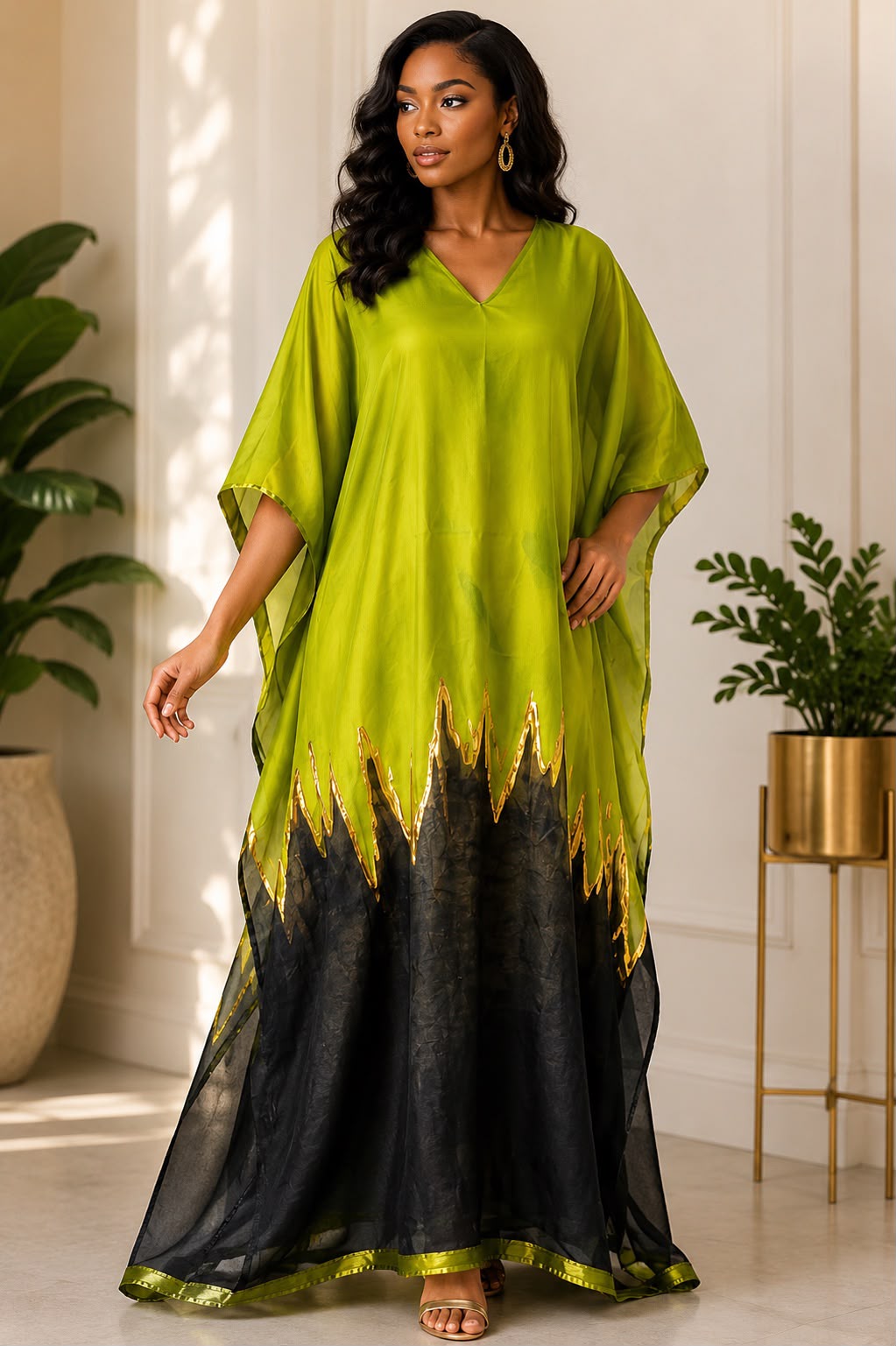 Lime Green & Black Flame-Hem Kaftan Maxi Dress with Gold Trim