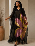 Black Chiffon Kaftan Maxi Dress with Metallic Floral Appliqué