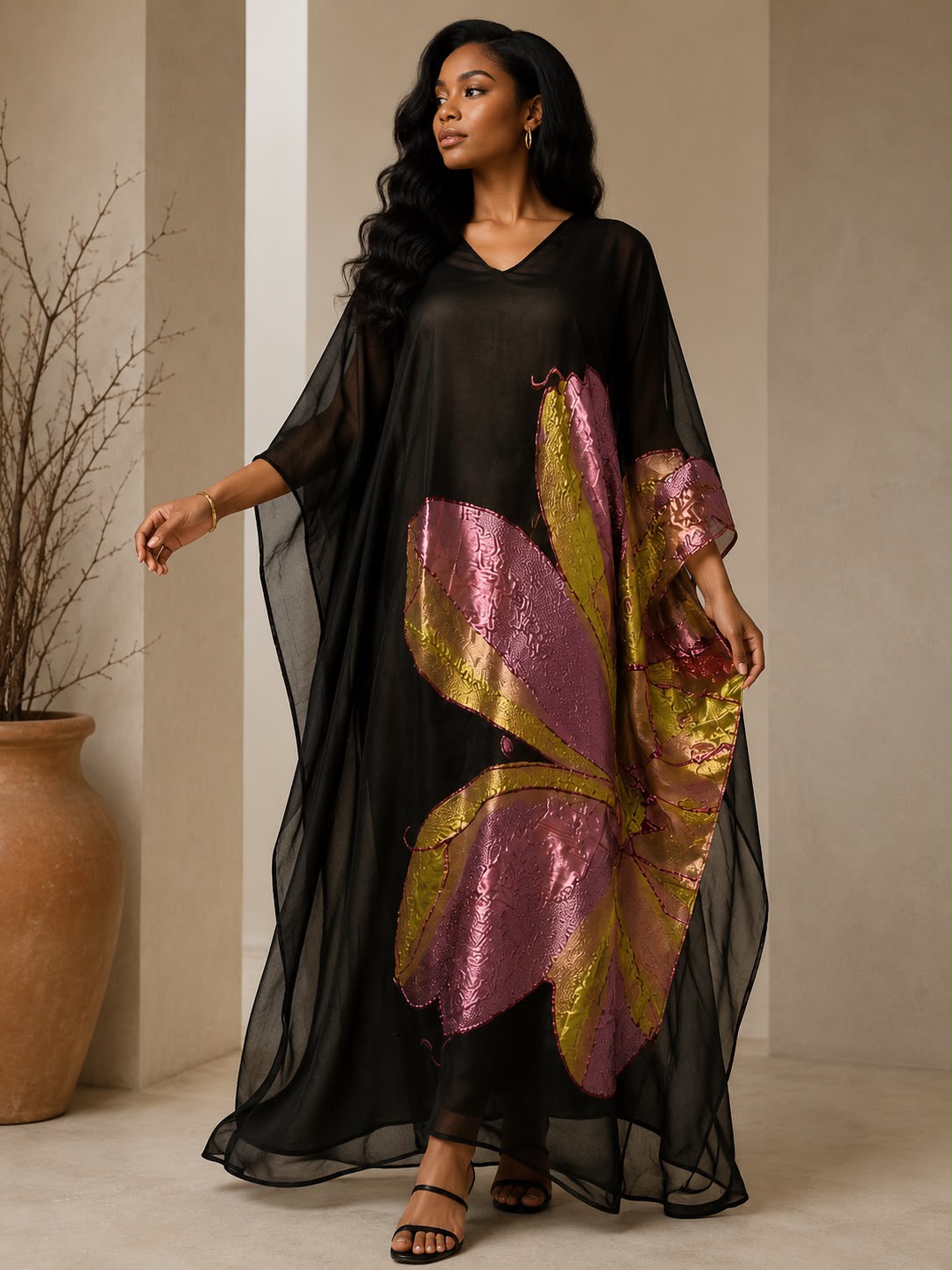 Black Chiffon Kaftan Maxi Dress with Metallic Floral Appliqué