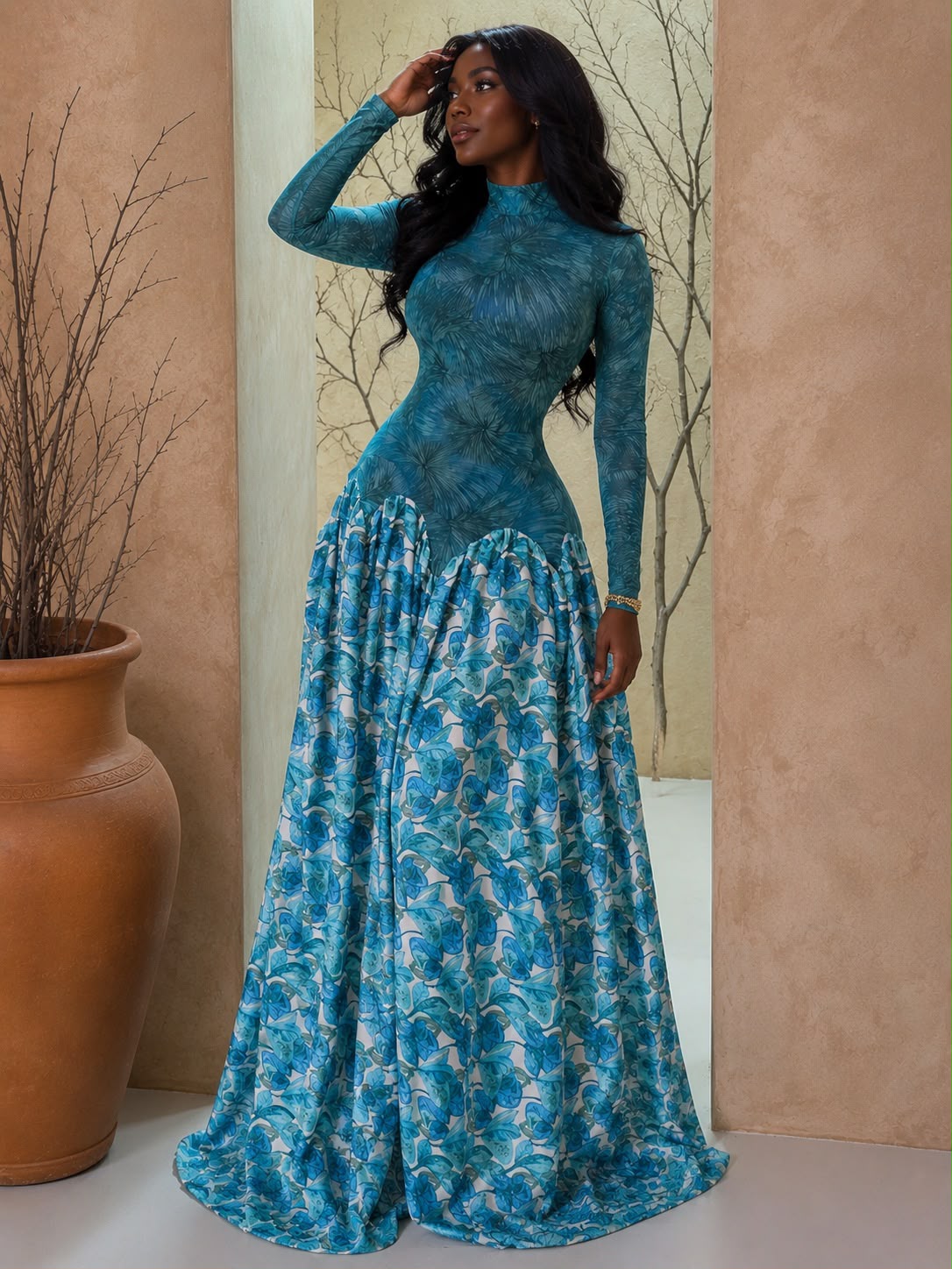 Teal Botanical Print Two-Tone Maxi Dress with High Neck