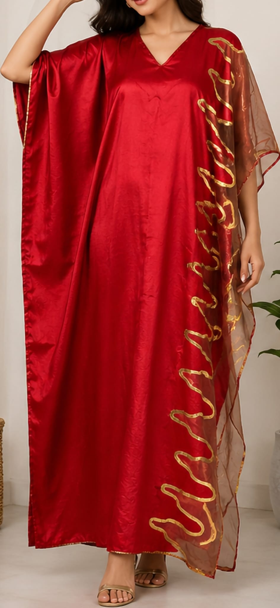 Red Satin Kaftan Maxi Dress with Gold Organza Detail