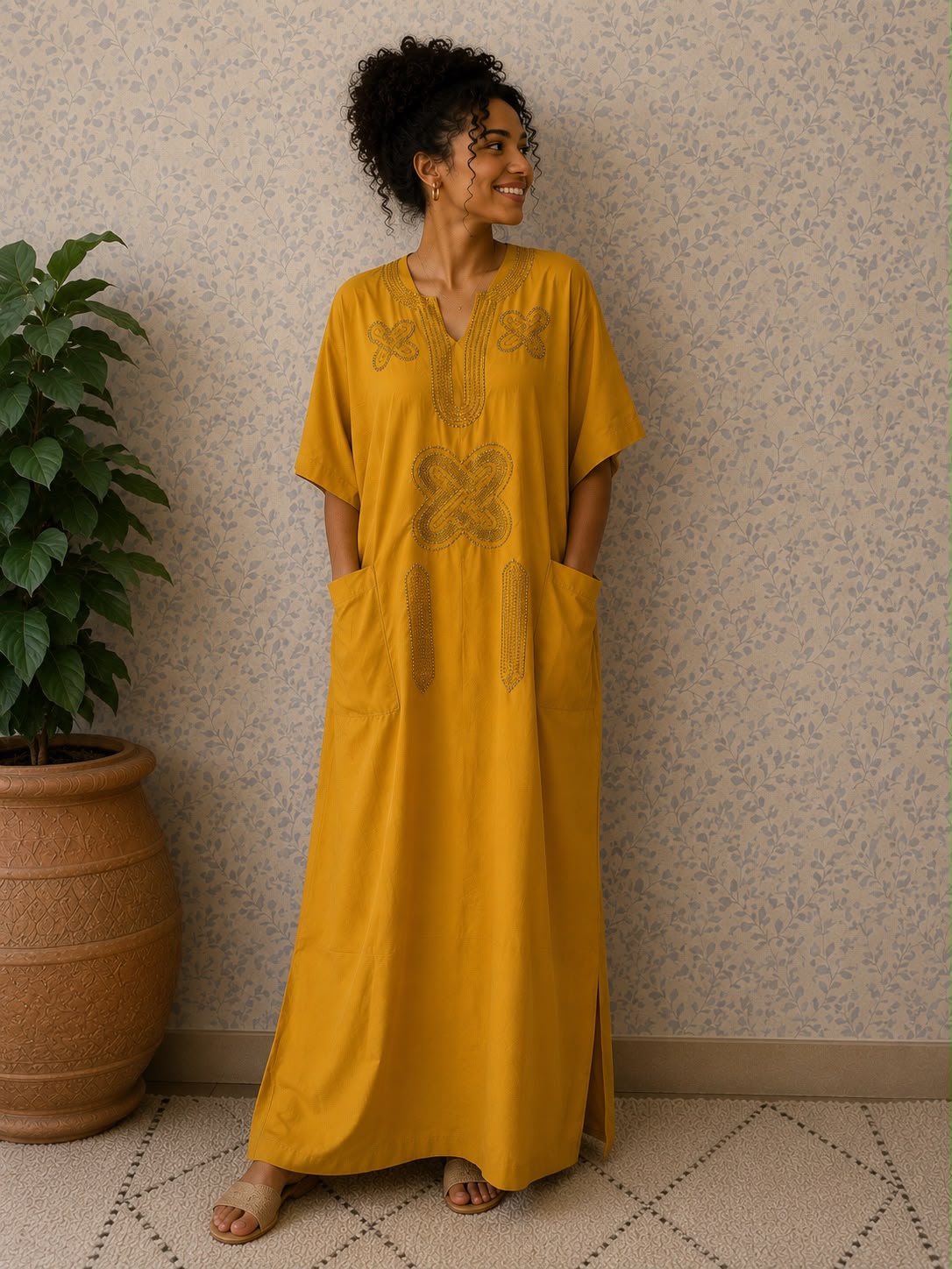 Mustard Embroidered Kaftan Maxi Dress