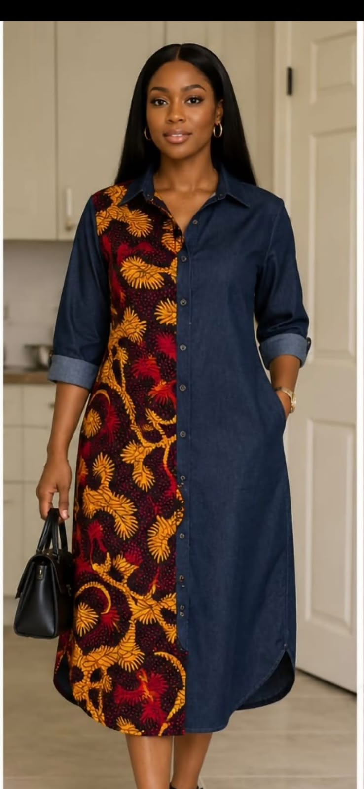 Denim & Ankara Print Midi Shirt Dress