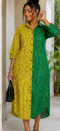 Two-Tone Printed Midi Shirt Dress