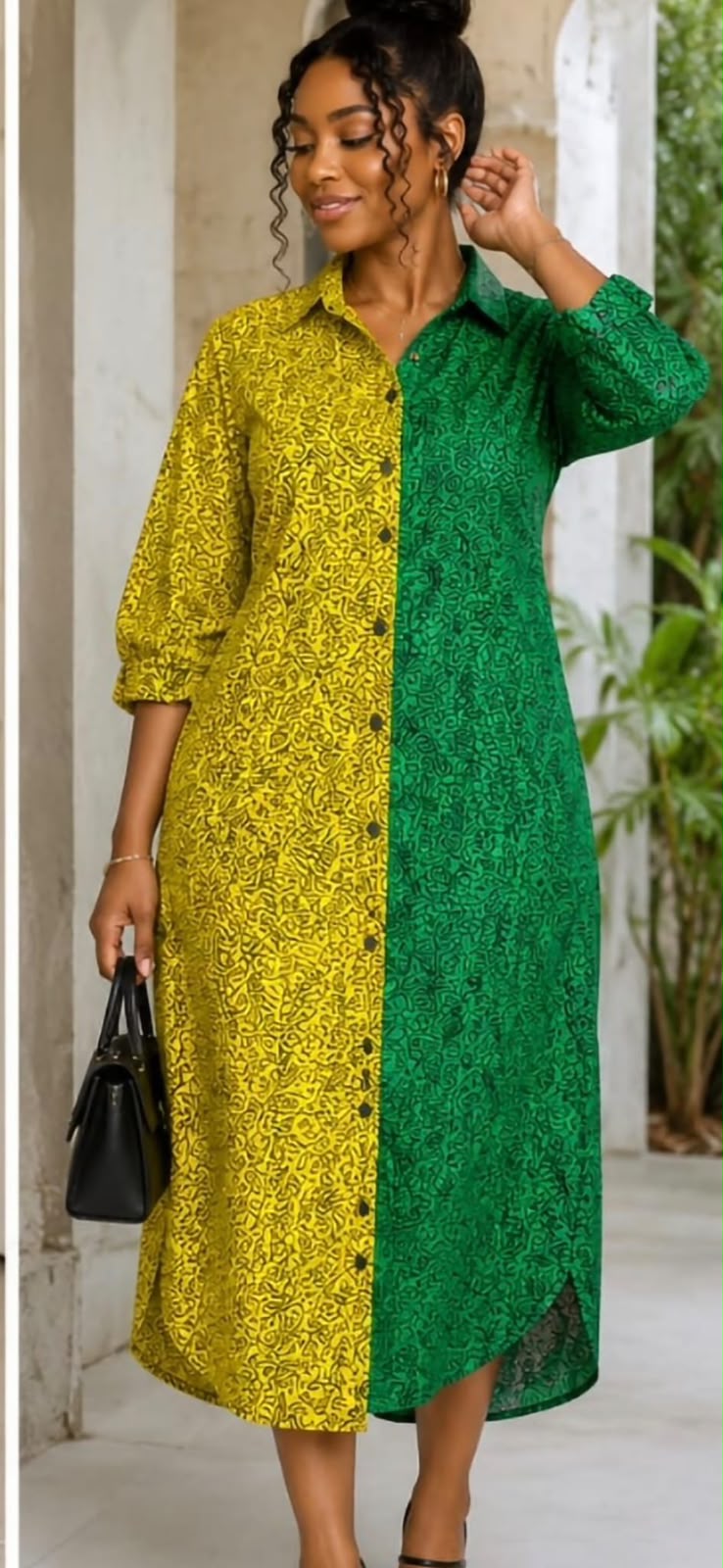 Two-Tone Printed Midi Shirt Dress