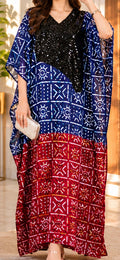 Navy & Red Adire Print Kaftan with Black Sequin Bodice