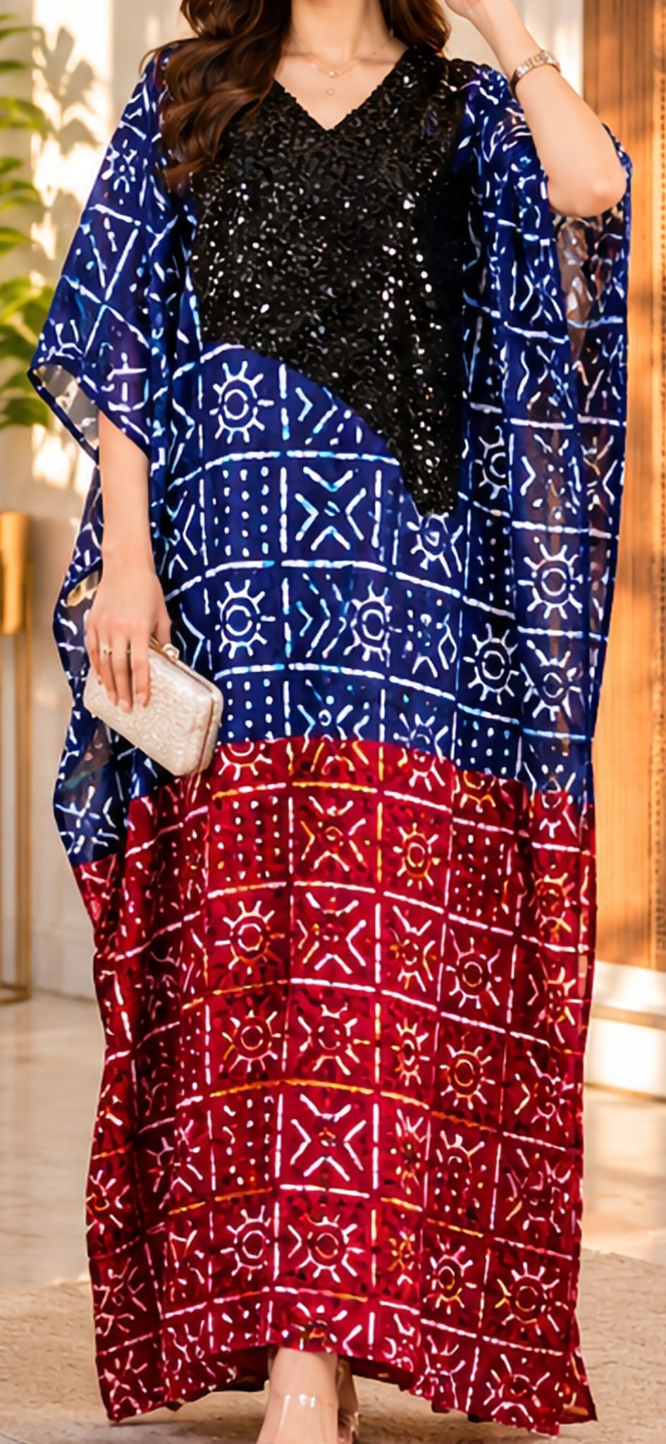 Navy & Red Adire Print Kaftan with Black Sequin Bodice