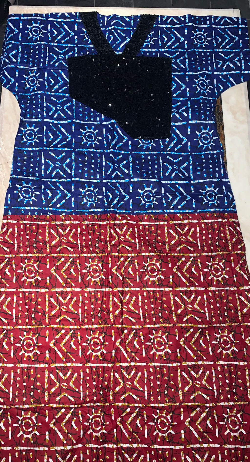 Navy & Red Adire Print Kaftan with Black Sequin Bodice