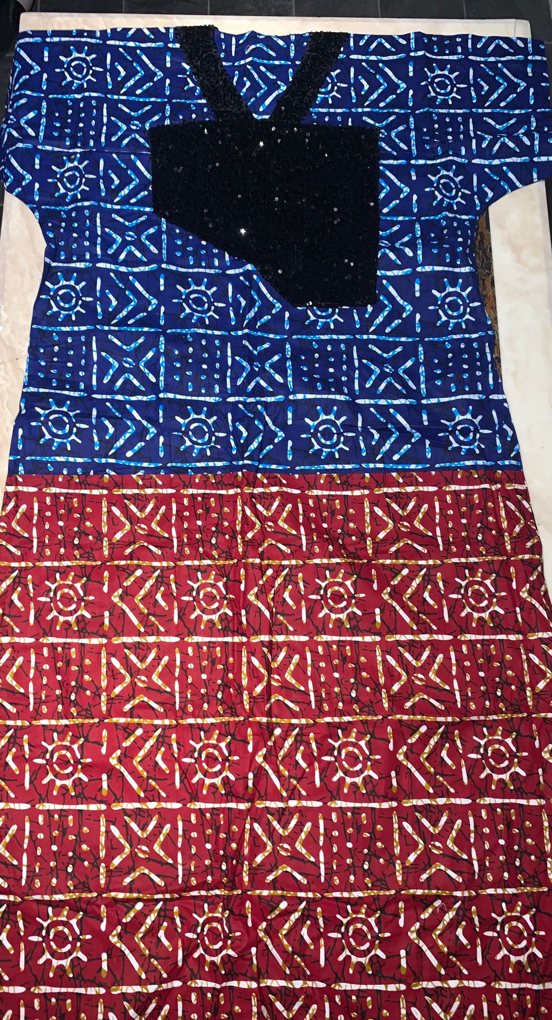 Navy & Red Adire Print Kaftan with Black Sequin Bodice