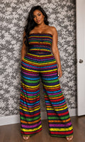 Rainbow Stripe Strapless Wide-Leg Jumpsuit in bold multicolour horizontal stripes