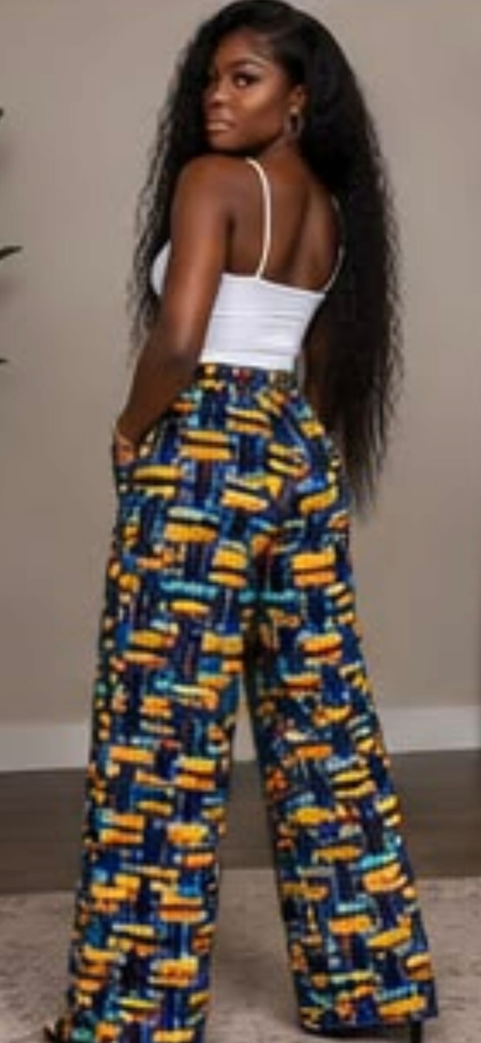 Navy Abstract Mosaic Print Wide-Leg Trousers