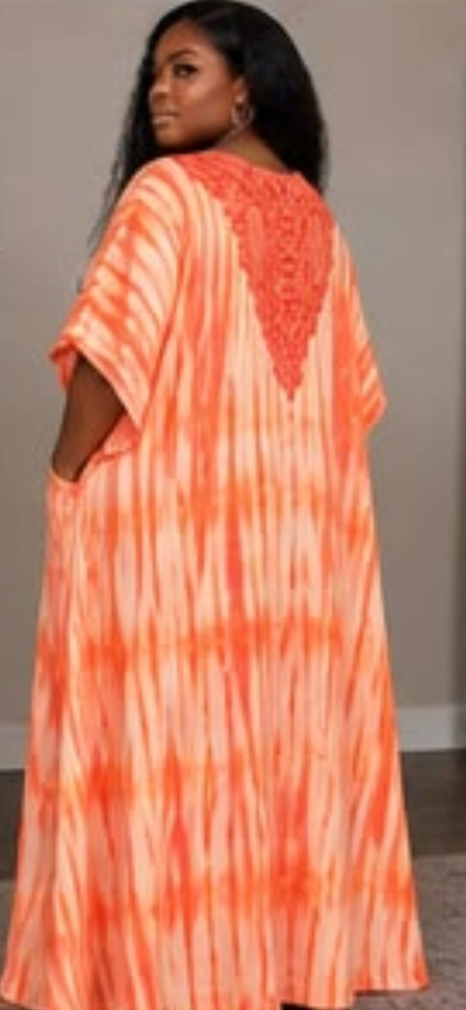 Orange Tie-Dye Paisley Embroidered Kaftan Maxi Dress