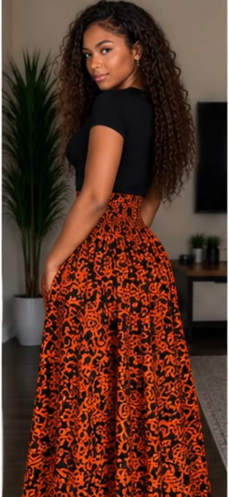 Orange & Black Baroque Print Maxi Skirt