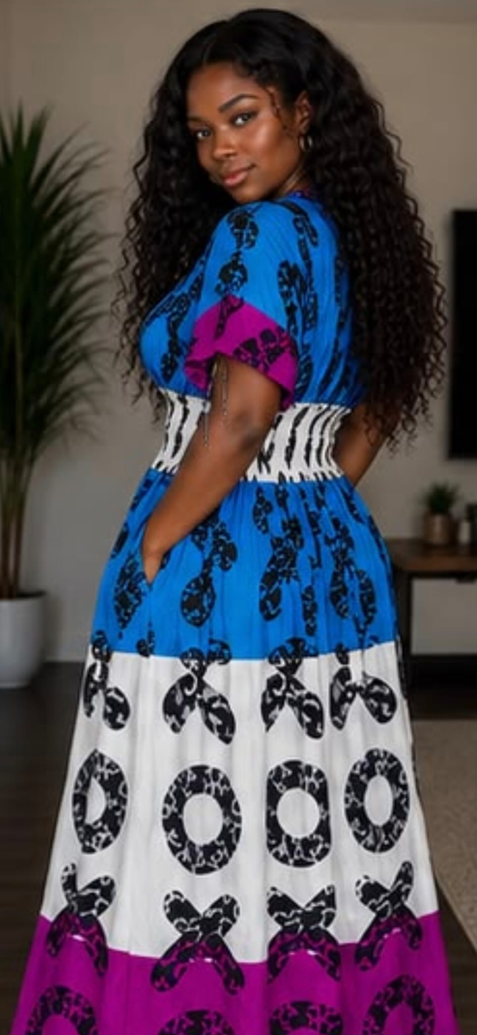 Blue, White & Purple African Print Colour Block Maxi Dress