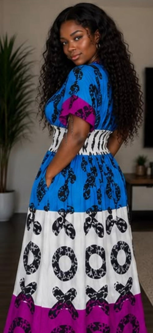 Blue, White & Purple African Print Colour Block Maxi Dress
