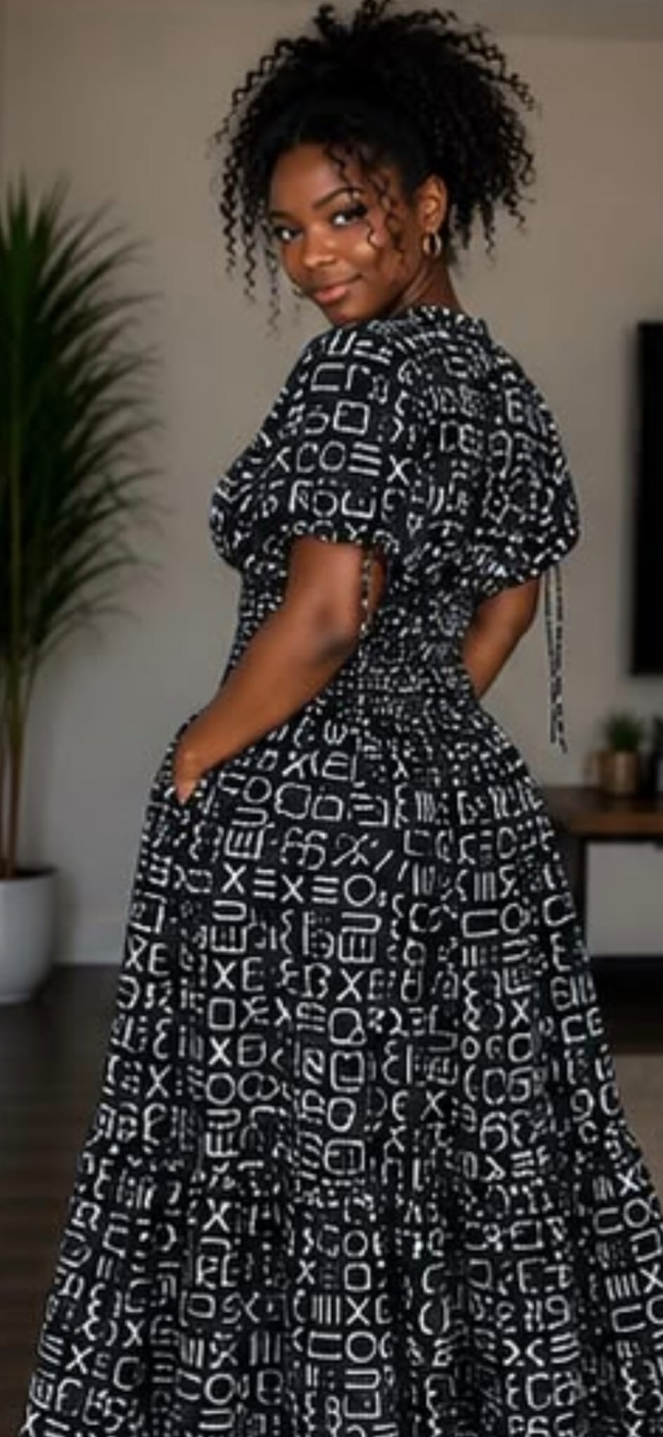 Black & White African Script Print Smocked Maxi Dress