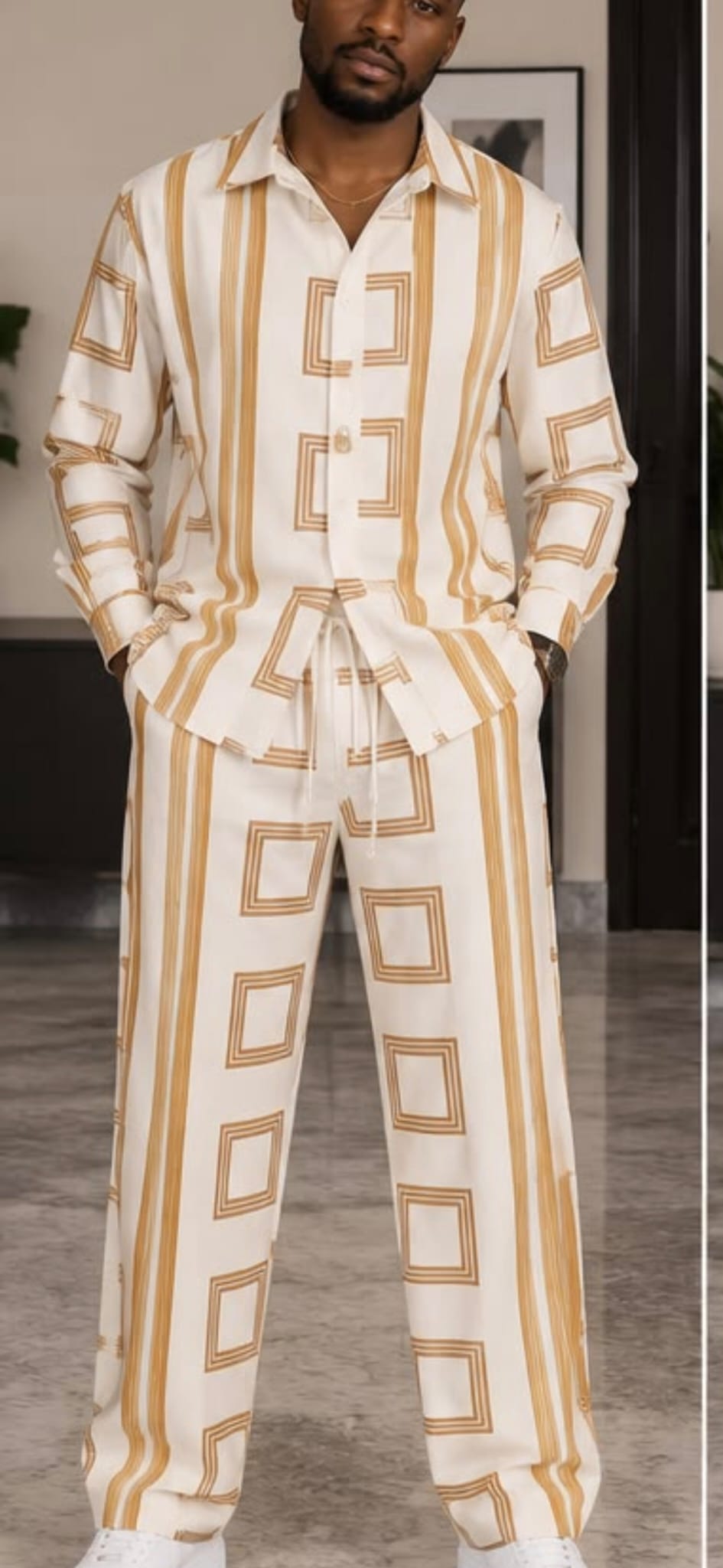 Men’s cream and gold geometric print co-ord set with button-front shirt and matching trousers