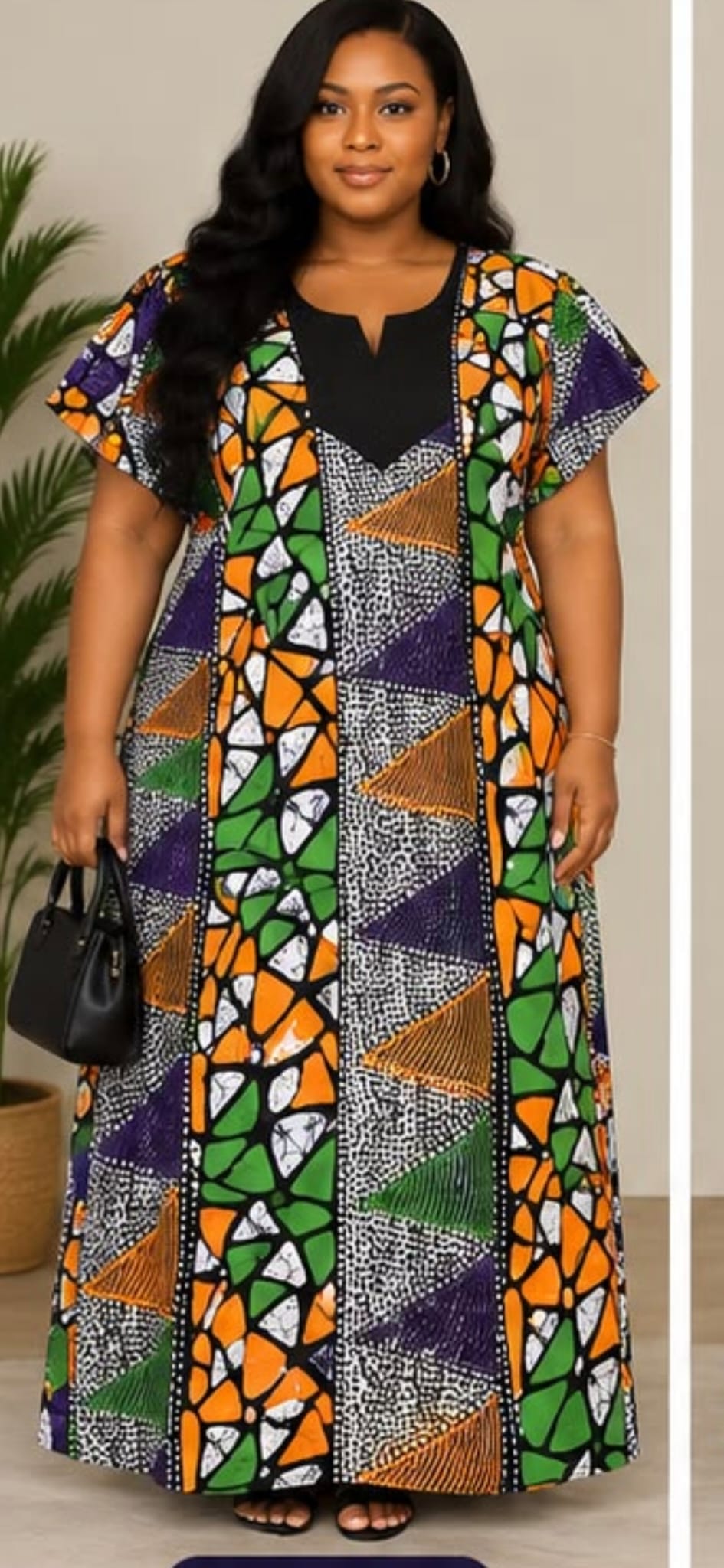 Women’s multicolour geometric print maxi dress with contrasting black V-neck panel