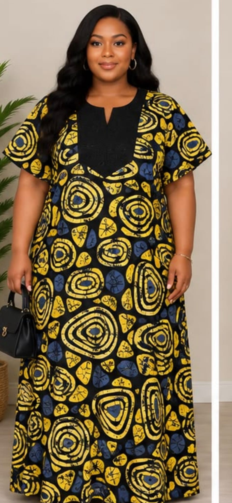 Women’s mustard and navy abstract print maxi dress with contrasting black V-neck panel