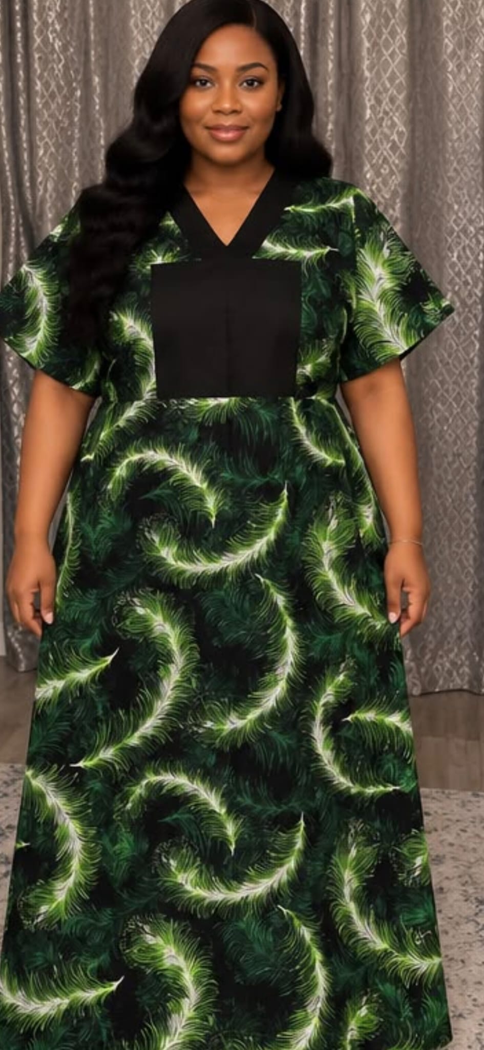 Women’s black and emerald feather print maxi dress with contrasting V-neck panel