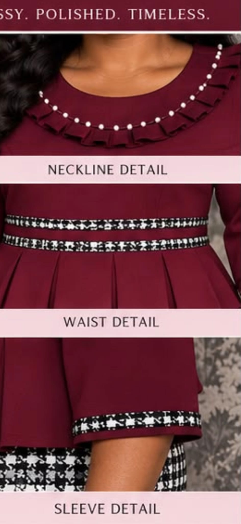 Burgundy Pearl Neck Peplum Houndstooth Dress