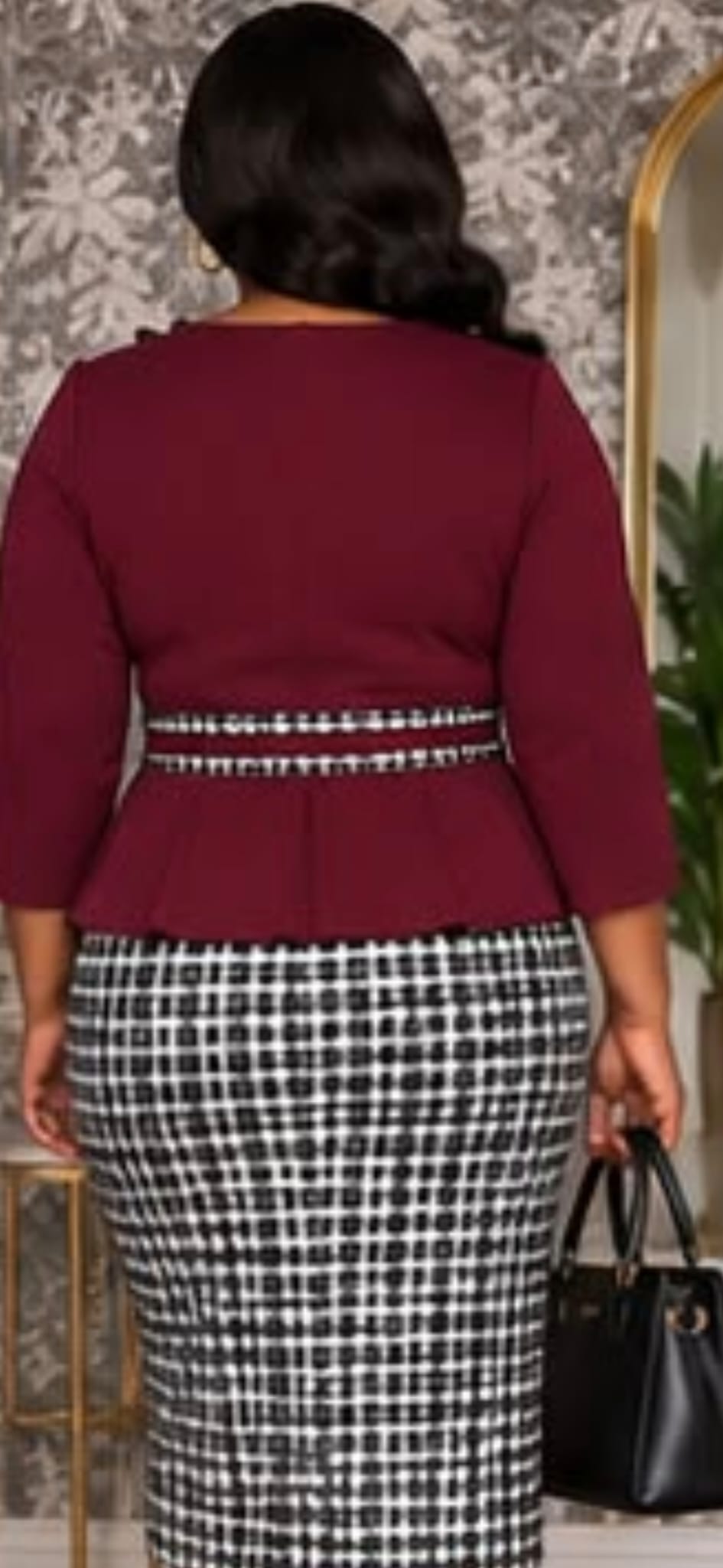 Burgundy Pearl Neck Peplum Houndstooth Dress