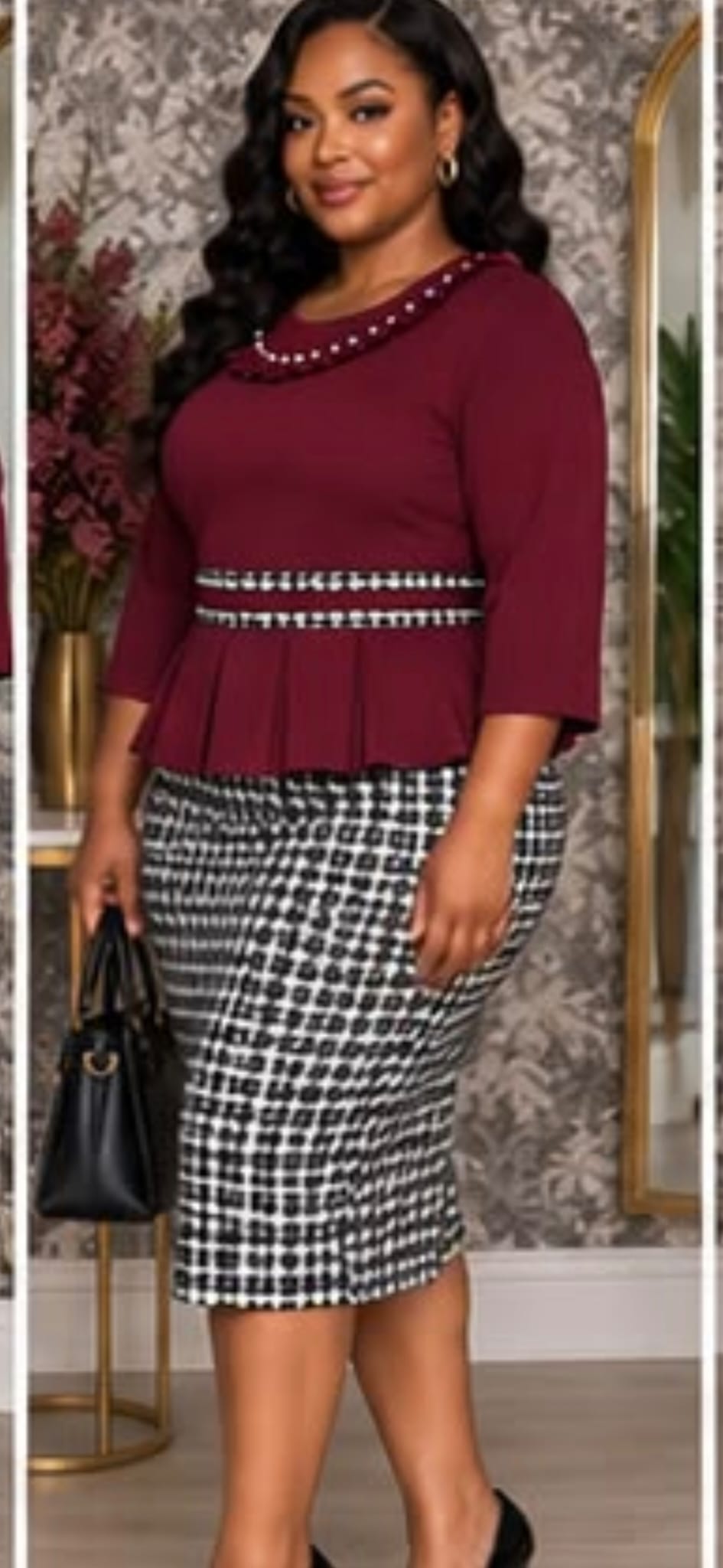 Burgundy Pearl Neck Peplum Houndstooth Dress