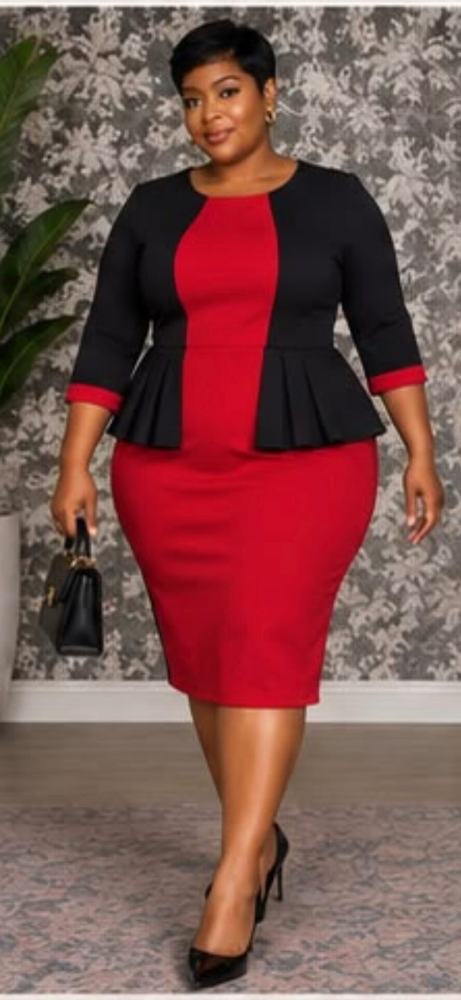 Red & Black Peplum Two-Piece Dress Set